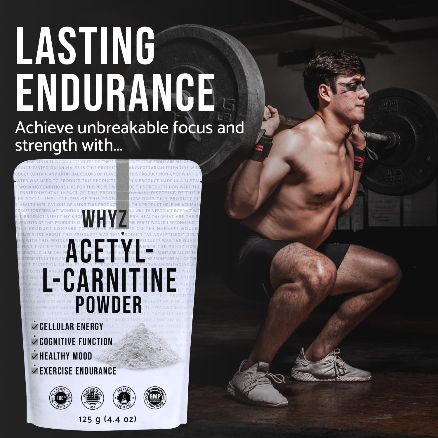 Acetyl L-Carnitine Powder, 125G, Gluten-Free Acetyl L Carnitine Supplement, Amino Acid Supplement That Supports Cellular Energy, ALCAR Powder for Cognitive Function and Vitality, 250 Servings