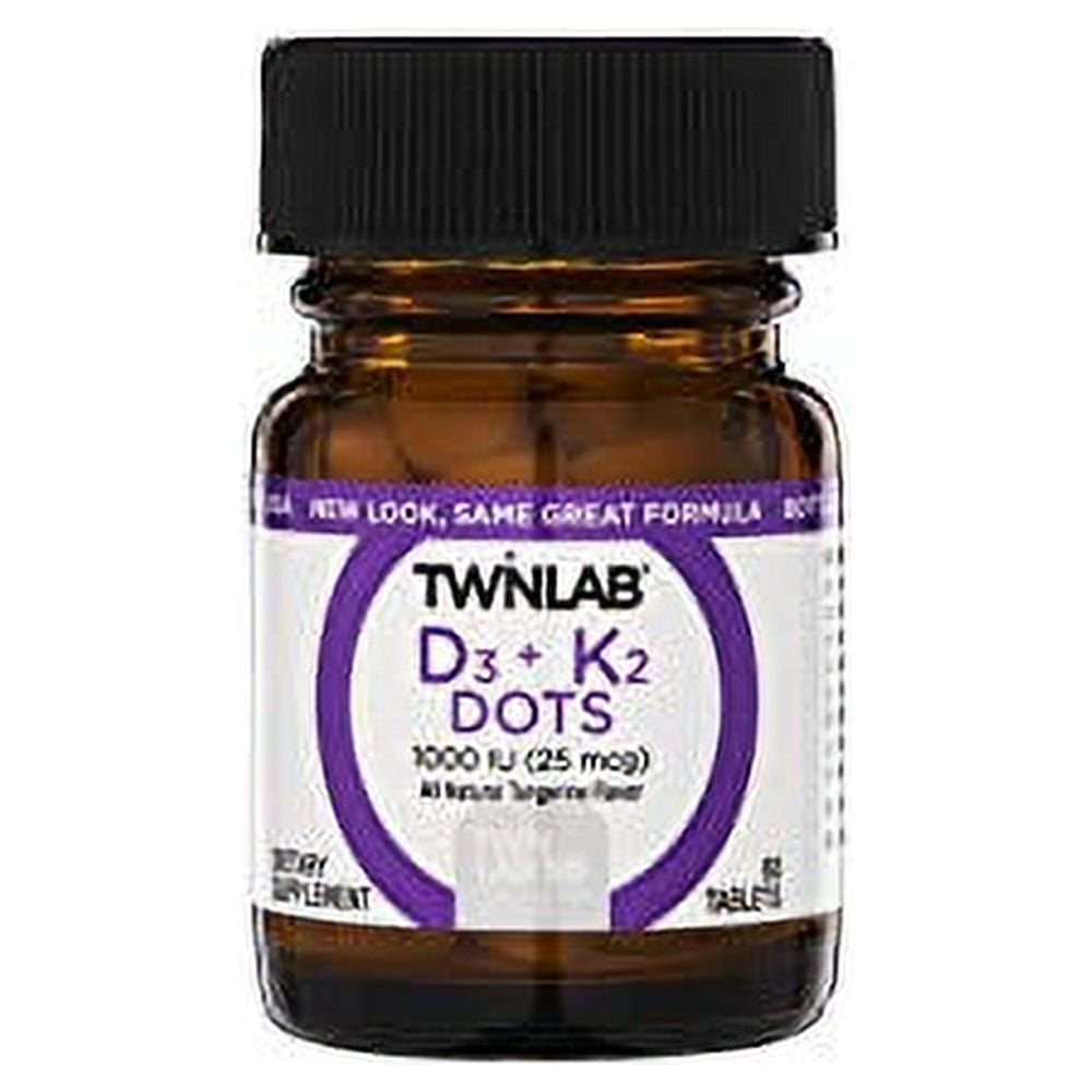 Twinlab D3 + K2 Dots - Vitamin D3 & Vitamin K2 Supplement for Immune Support, Bone Health & Heart Health - Vitamin D 1000 IU + Vitamin K 90 Mcg for Bone Strength, Tangerine Flavor, 60 Tablets, 1-Pack