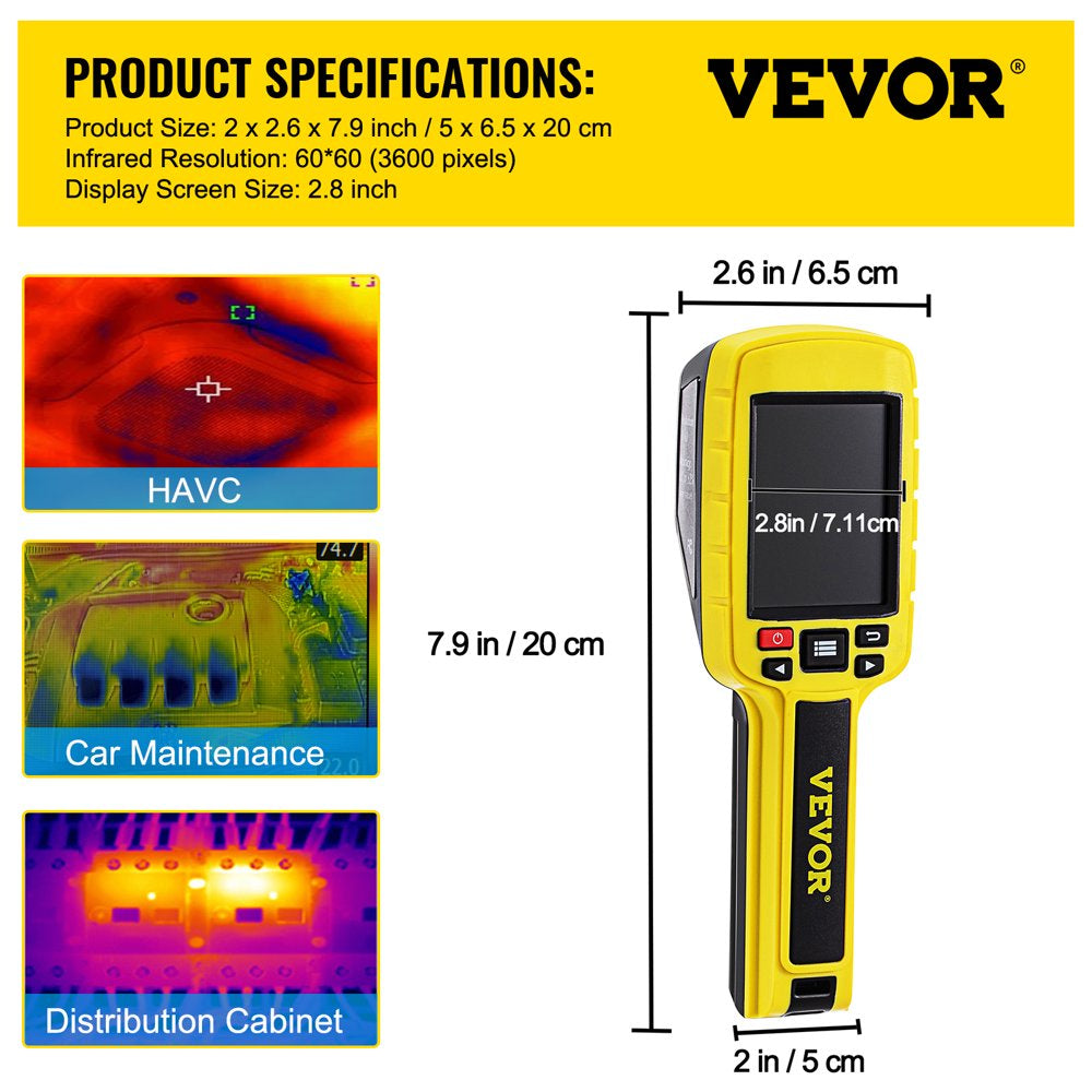 VEVOR Thermal Imaging Camera, 60X60 (3600 Pixels) IR Resolution Infrared Camera with 2.8" Color Display Screen, Built-In SD Card and Li-Ion Battery, for HVAC, Electrical System Automatic Detect