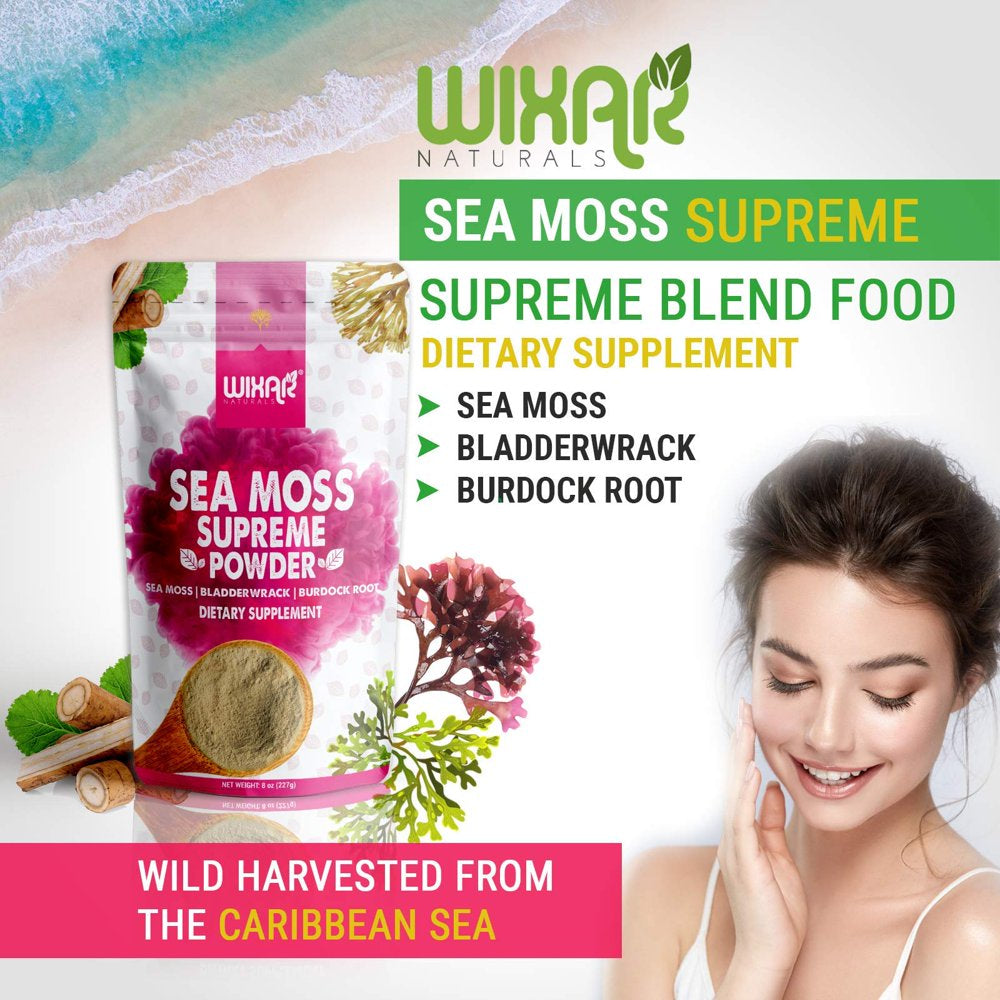 Wixar Wildcrafted Sea Moss Powder - (8 Ounces) - Natural Irish Sea Moss and Bladderwrack with Burdock Powder - Thyroid Support, Healthy Skin, Keto Detox, Joint Support Alkaline Supplements