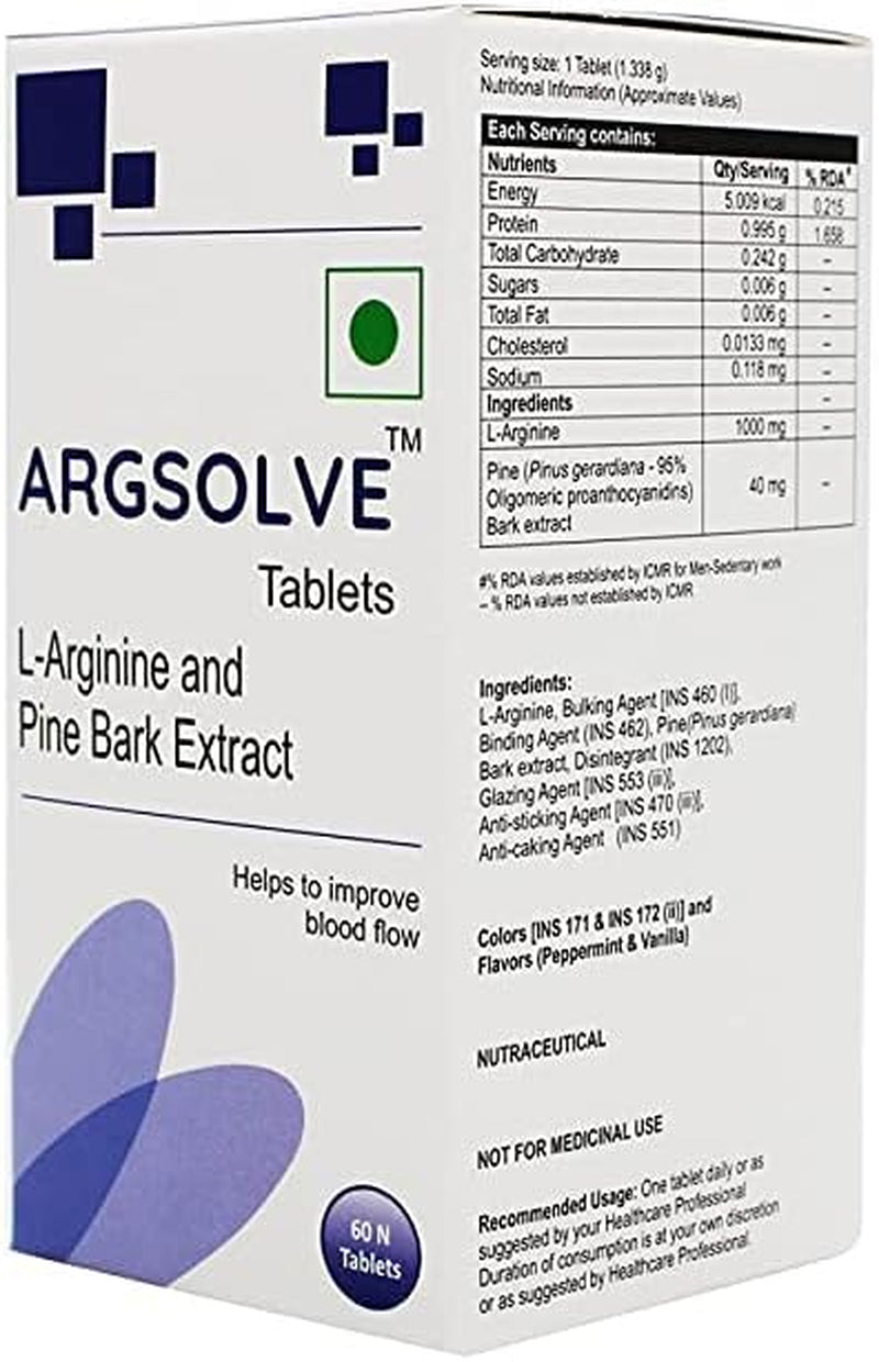 Metrol ARGSOLVE (60 Tablets) | L-Arginine(1000Mg) and Pine Bark Extract |