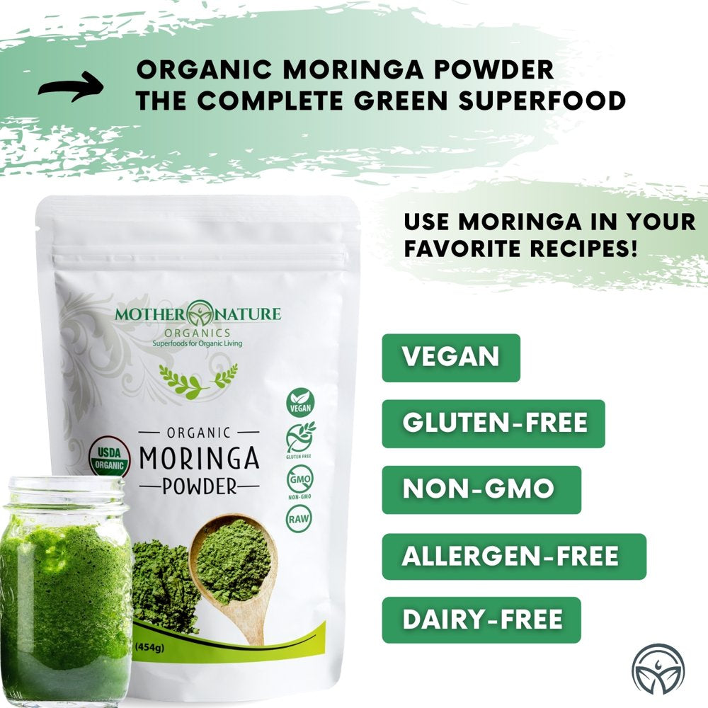 Moringa Powder (Moringa Leaf Powder) | Nature'S Miracle Superfood Supplement | 100% Organic Certified, Raw, Vegan, Gluten-Free & Non-Gmo | 1Lb