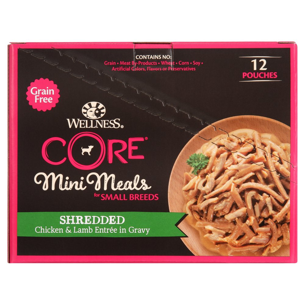 Wellness CORE Natural Grain Free Small Breed Mini Meals Wet Dog Food, Shredded Chicken & Lamb Entrée in Gravy, 3-Ounce Pouch (Pack of 12)