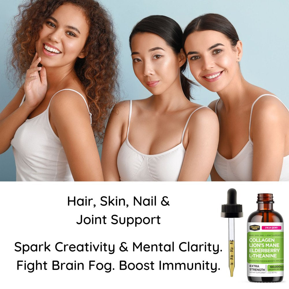 Liquid Collagen Peptides with Lion'S Mane Mushroom, Elderberry & L-Theanine – High Potency/Absorption Formula. Hair, Skin, Nail + Joint Support. Promote Focus & Boost Immunity – Collagen Mojo - 2 Oz.