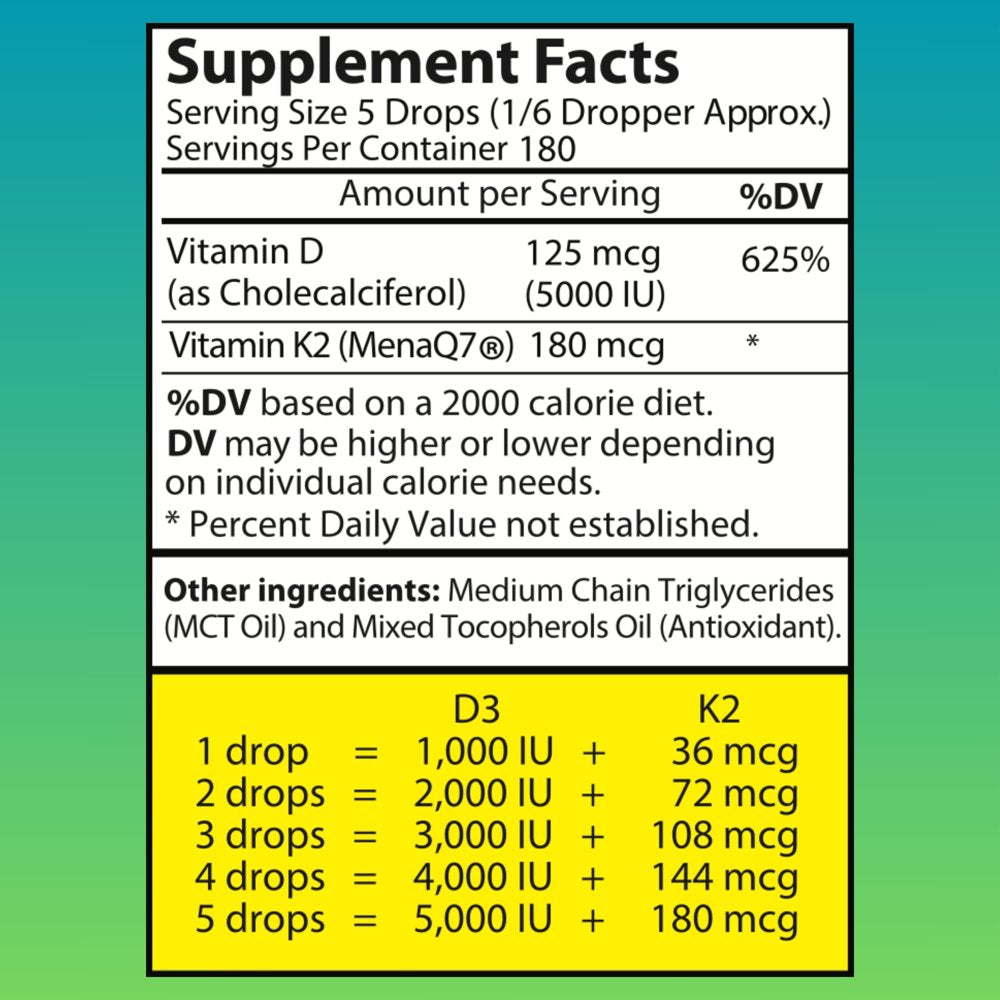 Liquid Vitamin D3 K2 Drops with MCT Oil 5000 IU - Vegan, No Taste, No Odor, Soy-Free, Non-Gmo, 1000 IU per Drop, Boosts Energy Levels & Immune System, Supports Heart & Bones Health