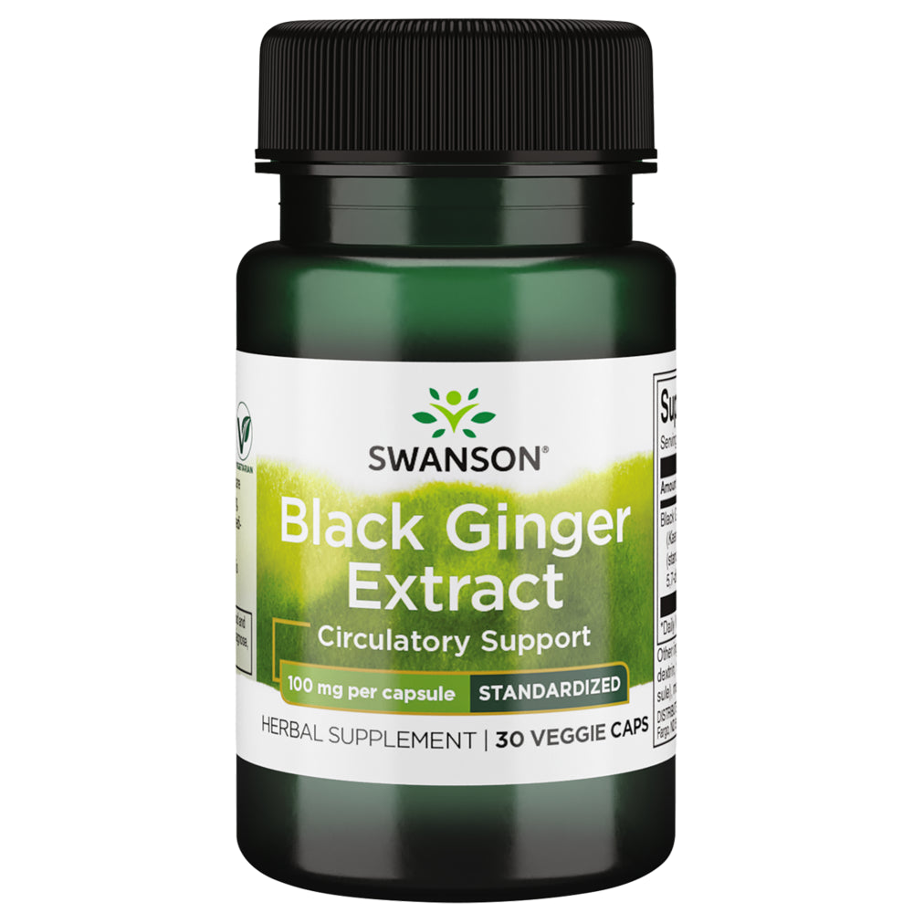 Swanson Black Ginger Extract - Promotes Healthy Blood Circulation and Physical Vigor - May Aid Heart Health, Muscle Tissue, and Mental Wellbeing - (30 Veggie Capsules, 100Mg Each)