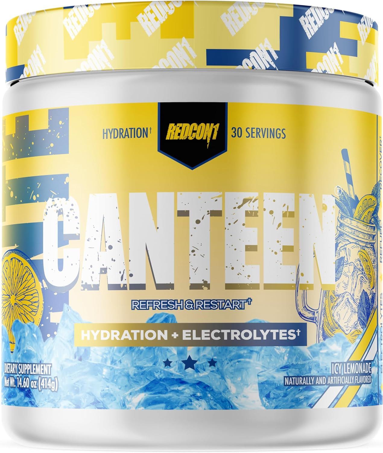 REDCON1 Canteen Hydration + Electrolytes, ICY Lemonade - Electrolyte Drink Powder with B Vitamins + Minerals for Recovery - Coconut Water Powder & Hyaluronic Acid for Hydration (14.6 Oz, 30 Servings)