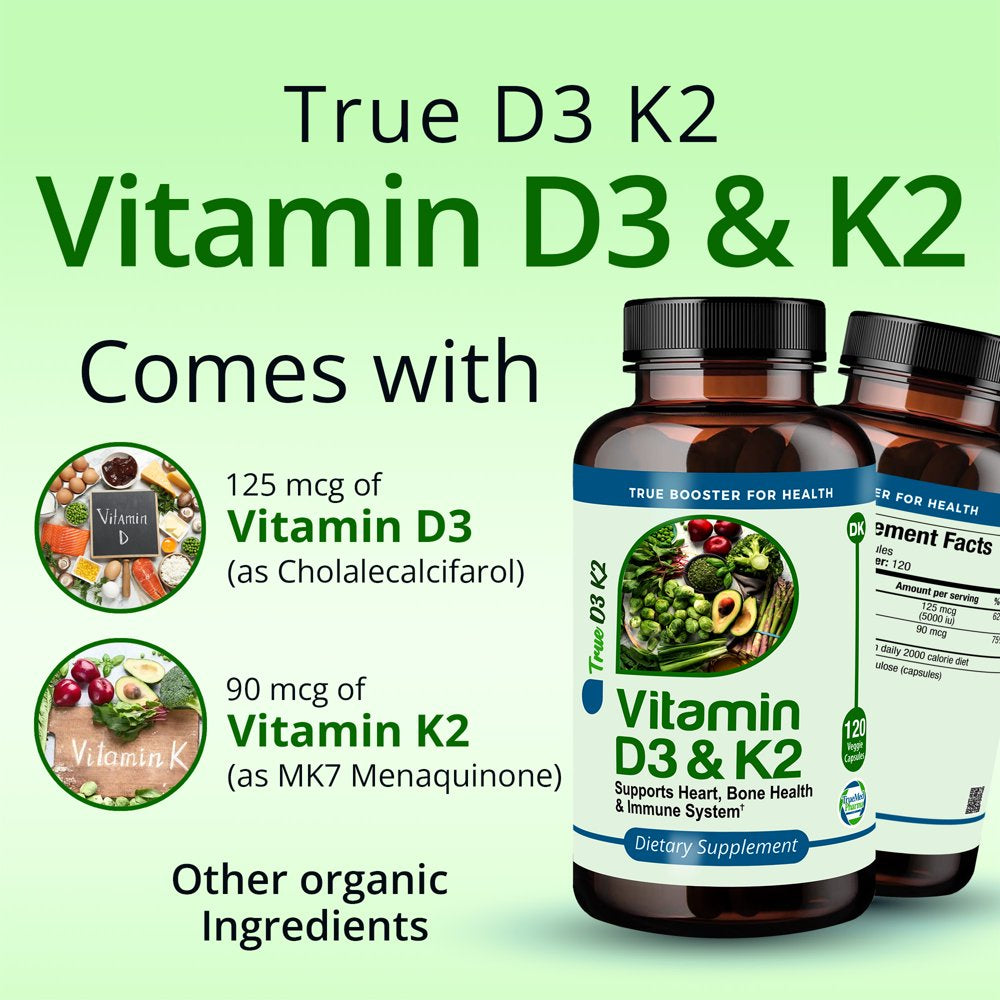 Truemed Vitamin D3 K2 5000 IU 125 Mcg Vitamin D, MK7 Vitamin K2 Supplements for Bone Heart Health 120 Veggie Capsules