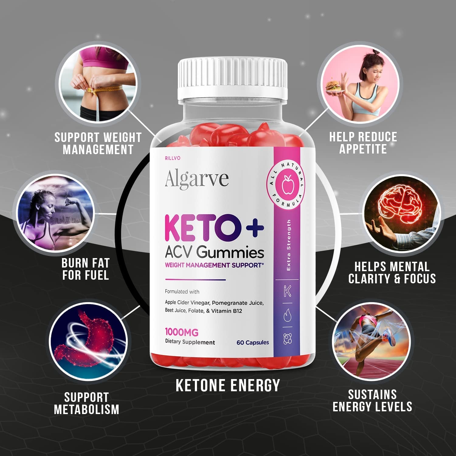 Rillvo Algarve Keto ACV Gummies - Advanced Formula Algarve Keto Apple Cider Vinegar Gummies (60 Gummies), (Wverqvev)