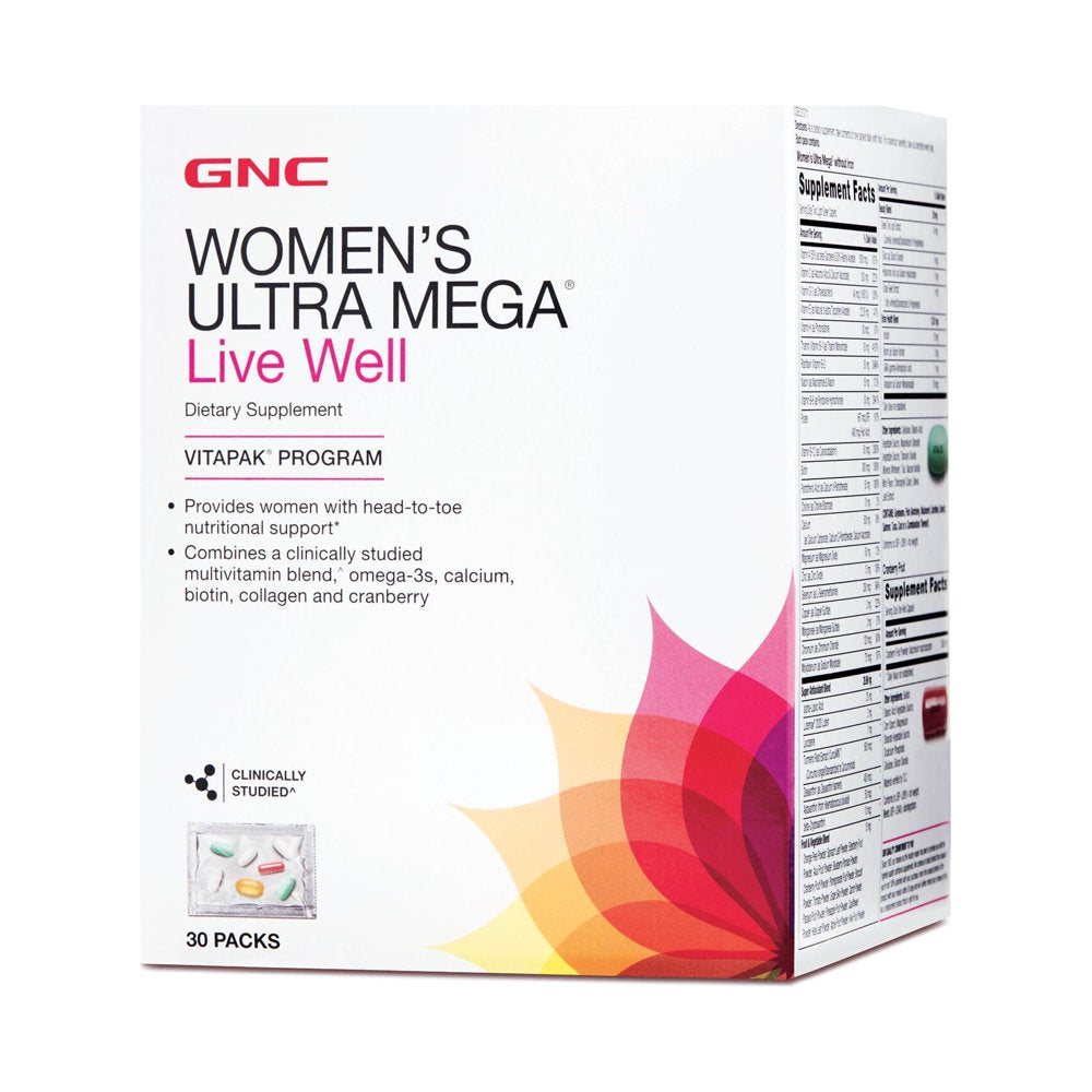 GNC Women'S Ultra Mega Live Well Vitapak | Full Body Supplement Support | 3-Step Multivitamin System for Optimal Health | Contains Omega-3, Calcium, Biotin, Collagen & Cranberry | 30 Count