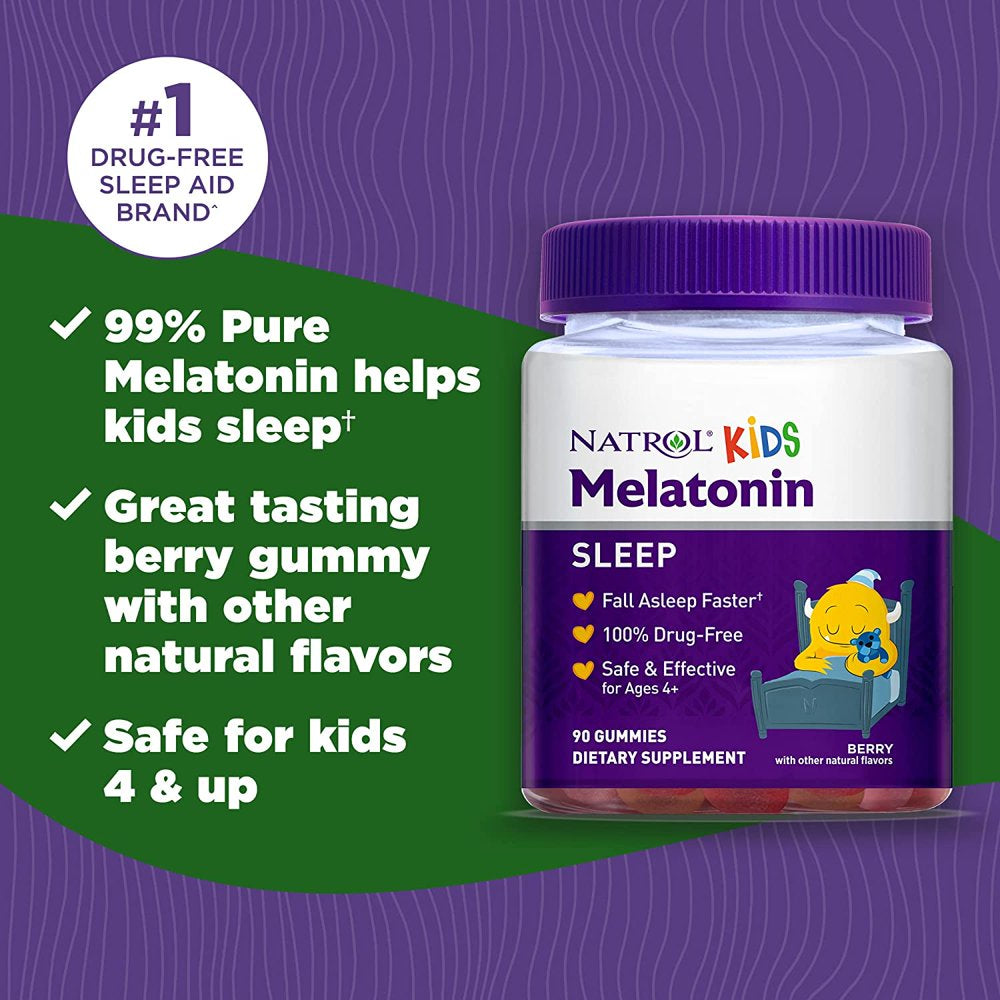 Natrol Kids Melatonin Gummy, 1Mg, Sleep Aid Supplement for Children, Ages 4 and Up, 90 Berry Flavored Gummies