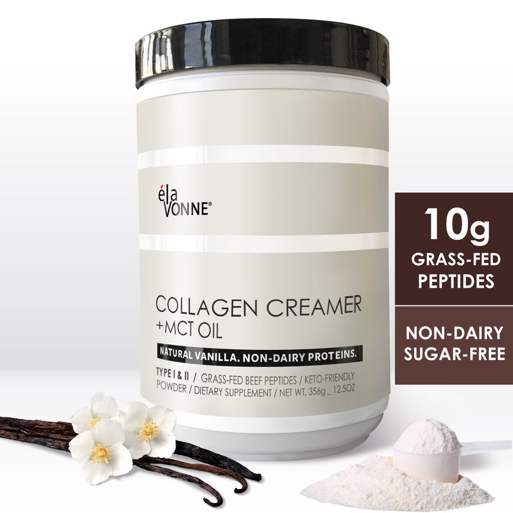 Collagen Creamer + MCT Oil for Coffee - Vanilla - Grass Fed Non Dairy Protein Peptides - Keto/Paleo - No Sugar - Supports Skin, Beauty, Joints, Gut, Hair, Nails - Elavonne