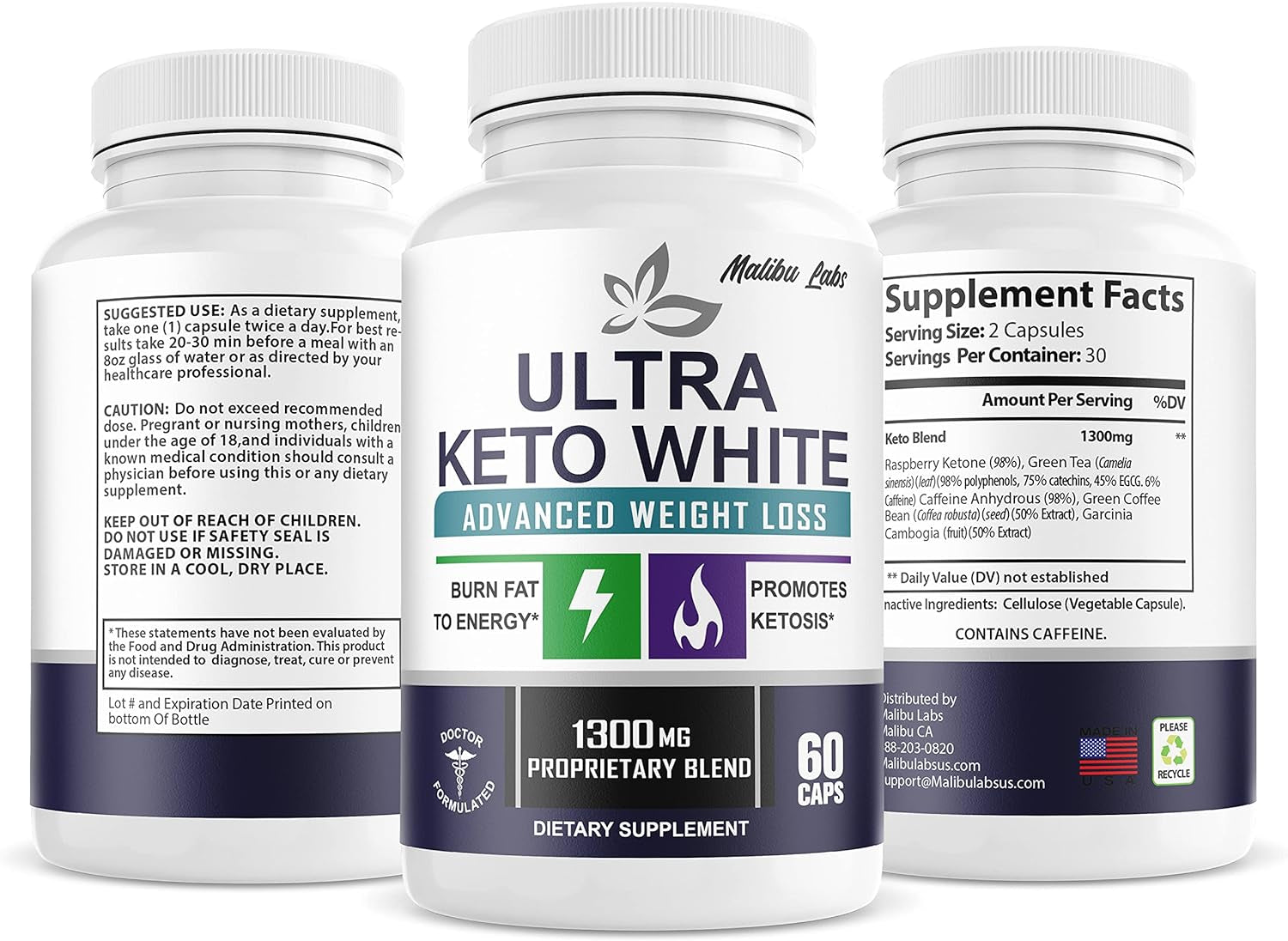 Ultra White Keto, Advanced Ketogenic Pill Shark Formula 1300 MG, Made in the USA, (3 Bottle Pack), 90 Day Supply