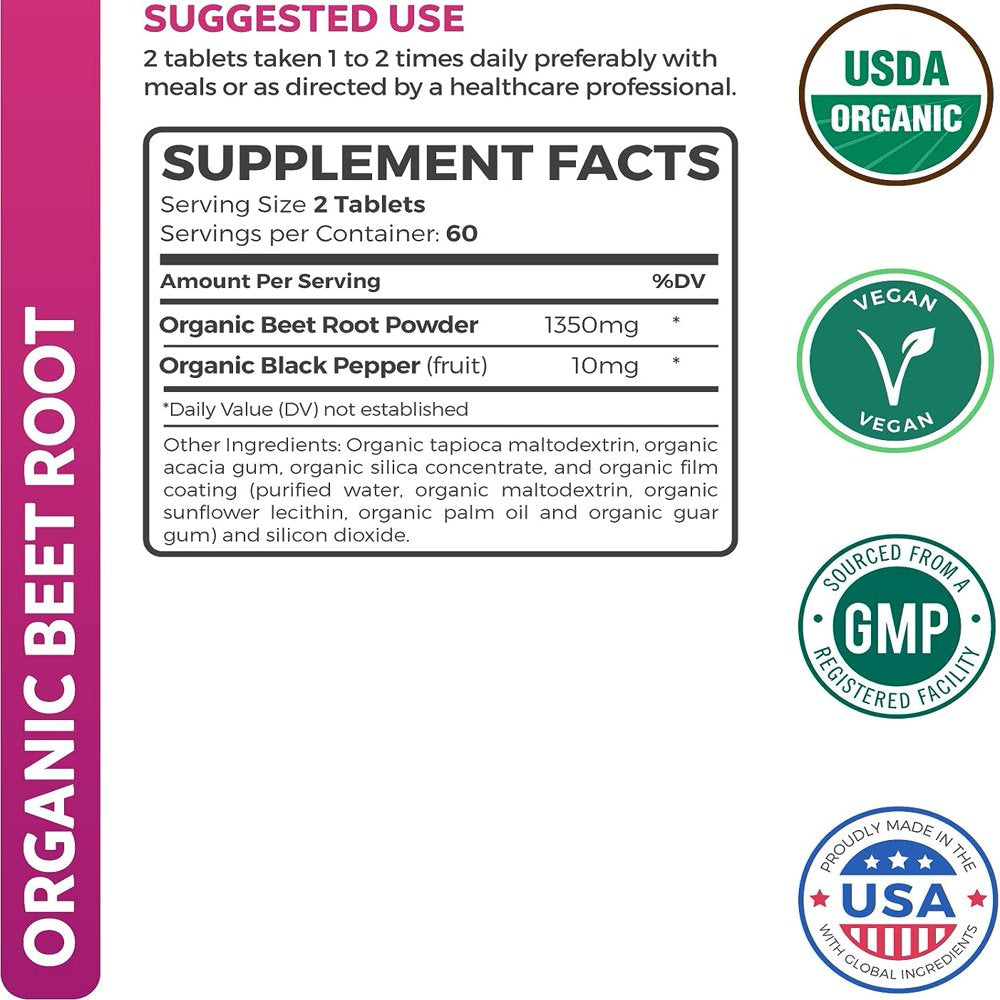 Healths Harmony Organic Beet Root Powder (120 Tablets) 1350Mg Beets per Serving with Black Pepper for Extra Absorption - Nitrate Supplement for Circulation, Heart Health - No Capsules