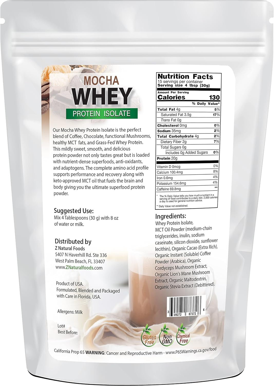 Z Natural Foods Mocha Whey Protein Powder, Cold Process Gluten Free Protein Powder, Superfood Supplement Protein Powder, 1 Lbs