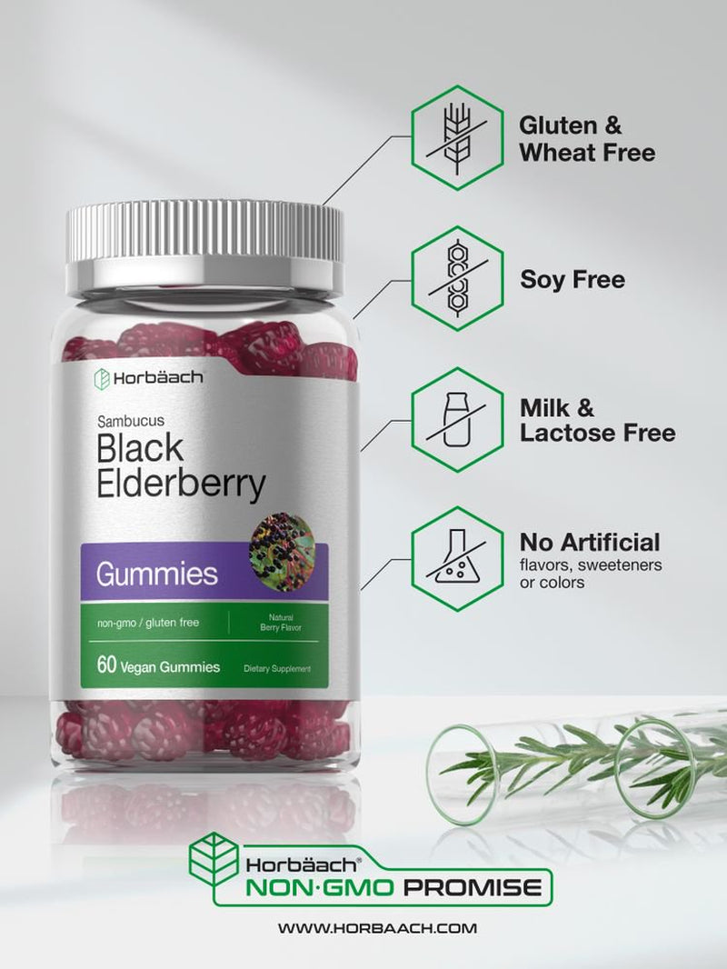Black Elderberry with Zinc & Vitamin C | 60 Vegan Gummies | Natural Berry Flavor | by Horbaach