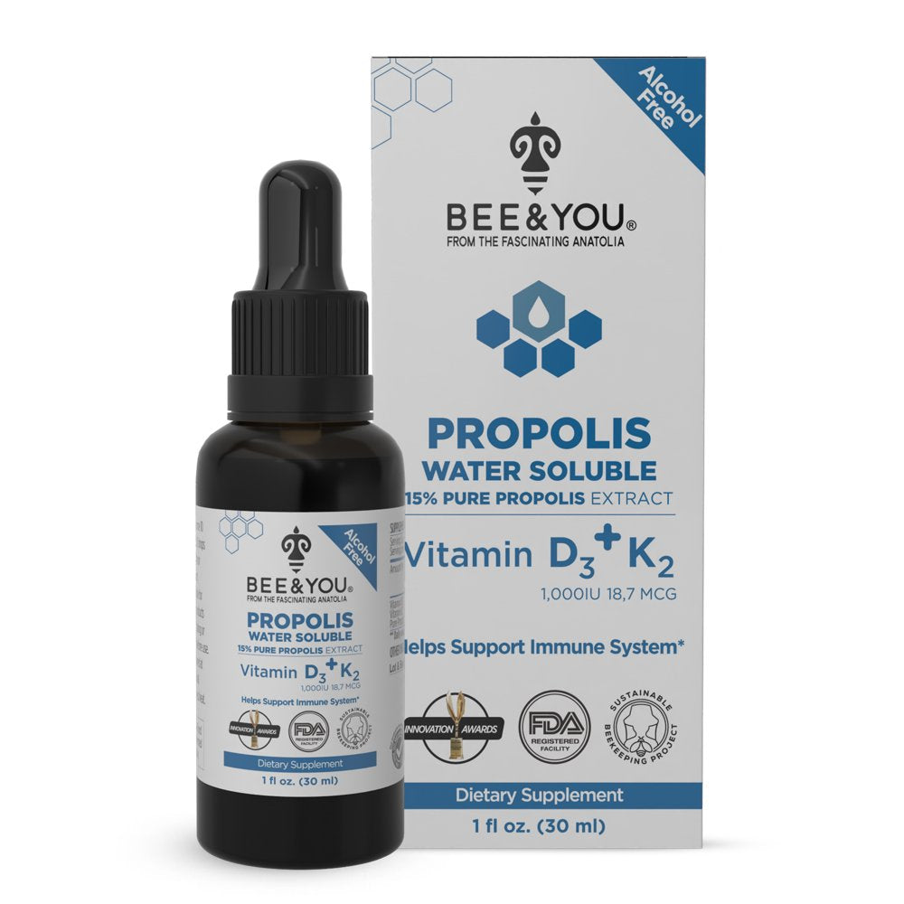 BEE and You 15% Pure Propolis Water Soluble Extract with Vitamins D3+K2 - High Potency - Natural Immune Support&Sore Throat Relief Antioxidants, Keto, Paleo, Gluten-Free, 1 Fl Oz