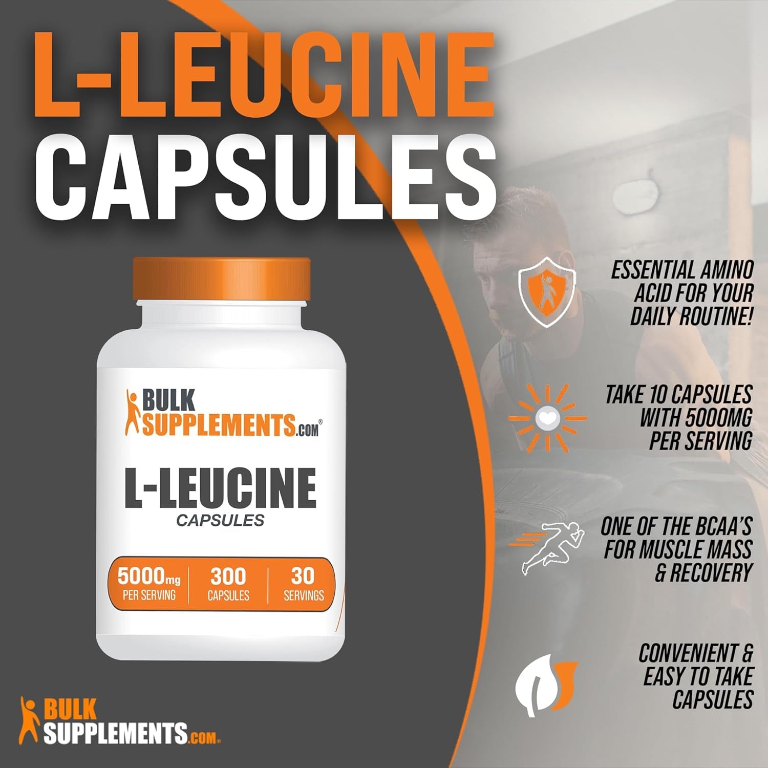 BULKSUPPLEMENTS.COM L-Leucine Capsules - Leucine Supplements, Leucine Amino Acid, BCAA Supplements, Leucine 5000Mg - Gluten Free, 10 Capsules per Serving - 30-Day Supply, 300 Capsules