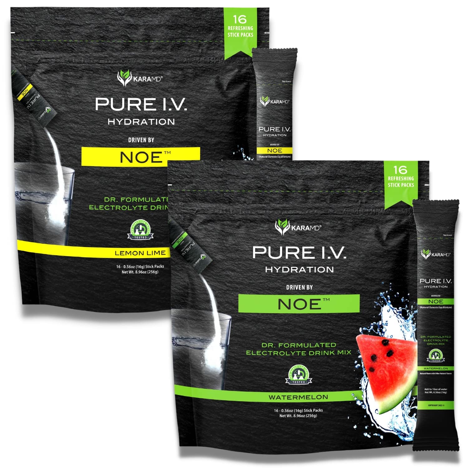 Karamd Pure I.V. - Doctor Formulated Electrolyte Powder Drink Mix 2 Flavor Bundle – Refreshing & Delicious Hydrating Packets with Vitamins & Minerals – 1 Lemon Lime & 1 Watermelon Bag (32 Sticks)