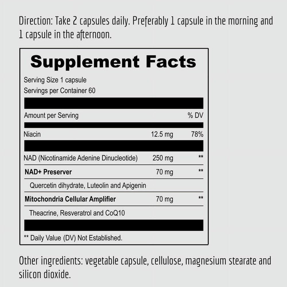 NAD+ Booster Supplement - Nicotinamide Adenine Dinucleotide 500 Mg - 60 Capsules