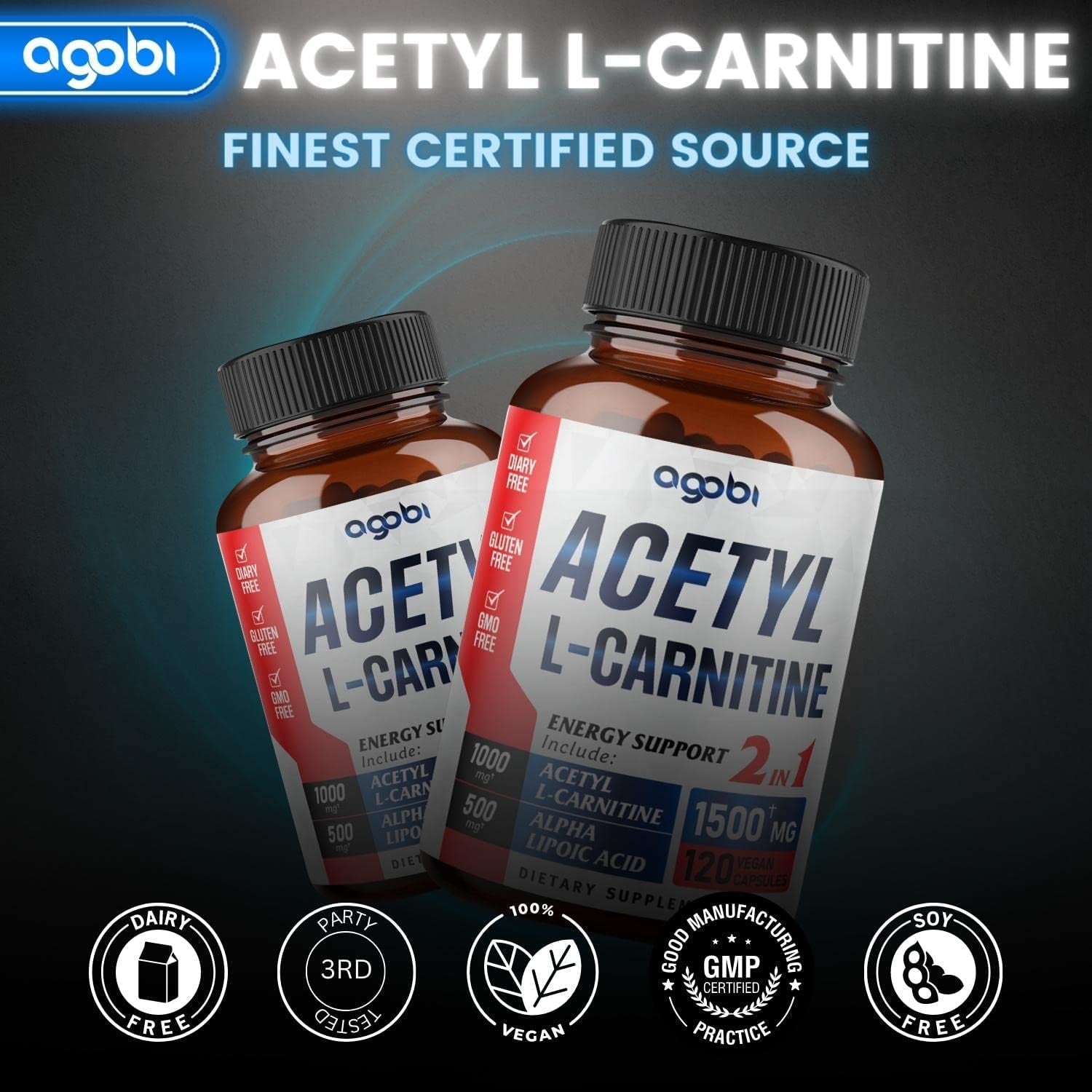 Agobi Acetyl L-Carnitine & Alpha Lipoic Acid Complex 1500Mg - Supplement for Brain Health, Memory, Focus & Mood Support - 120 Vegan Capsules for 2 Month Supply - Gluten-Free, Non-Gmo