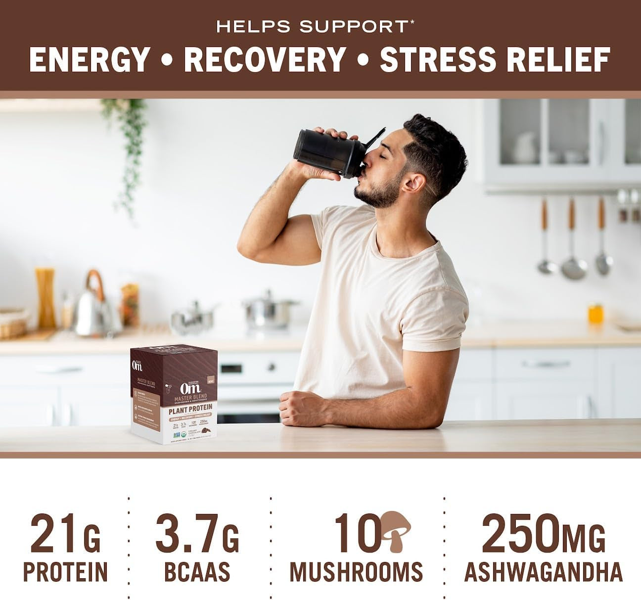 Om Mushroom Superfood Master Blend Mushrooms & Adaptogens, Creamy Chocolate Plant Protein, Single Serve, 10 Count, 10 Mushroom Complex, Lion'S Mane, Ashwagandha for Energy, Recovery, Stress Relief