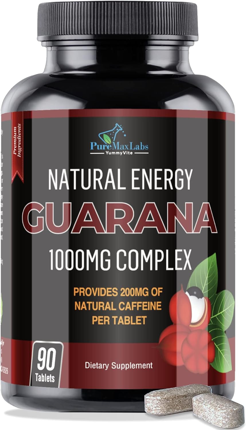 Natural Energy Guarana 1000MG - Provides 200MG of Herbal Caffeine (2 Cups Coffee), Antioxidants, Boost Mental Focus, Natural Caffeine Tablets, 90 Tablets