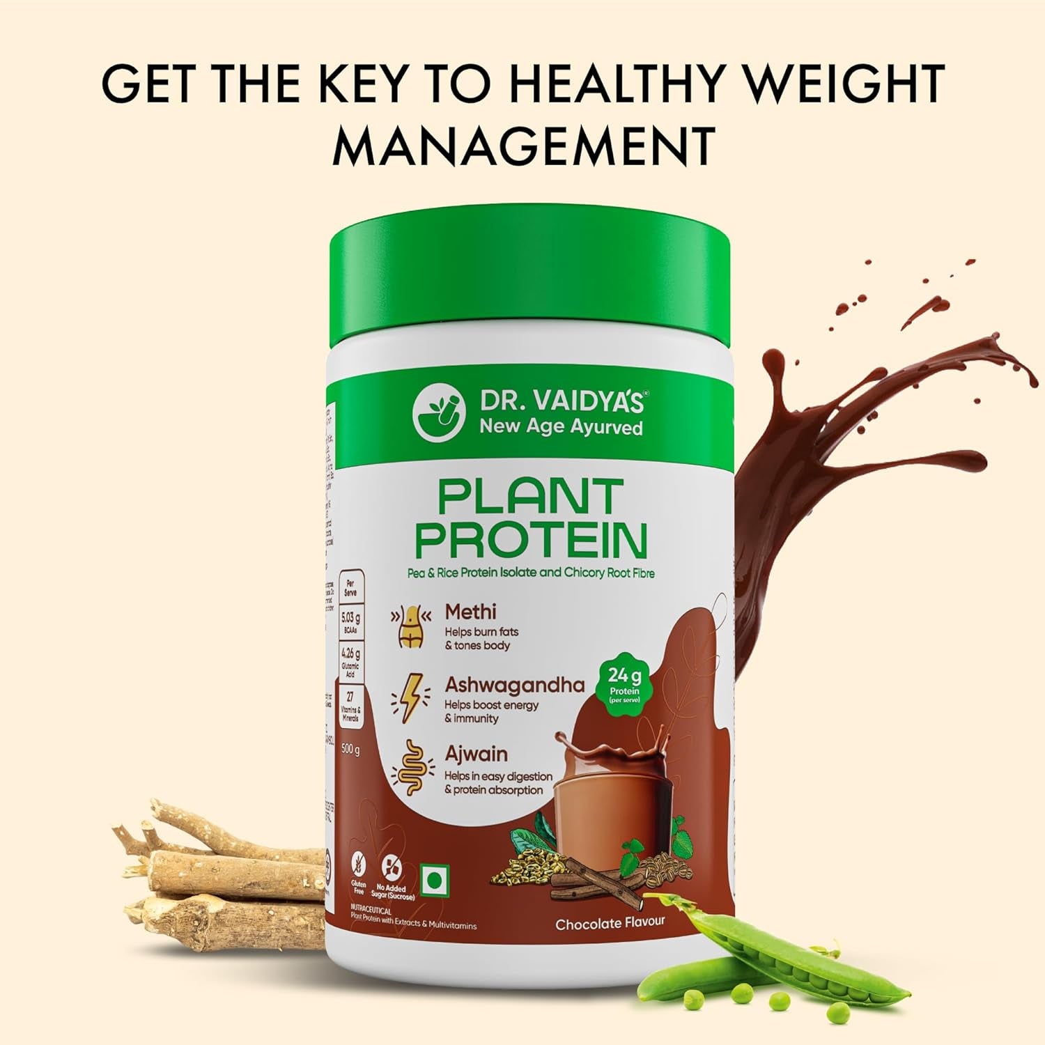 Dr. Vaidya'S Plant Protein Powder | with 80% Pea Protein| for Healthy, Fit & Toned Body | Enriched with Methi, Ashwagandha & Ajwain | Chocolate Flavour - 500G