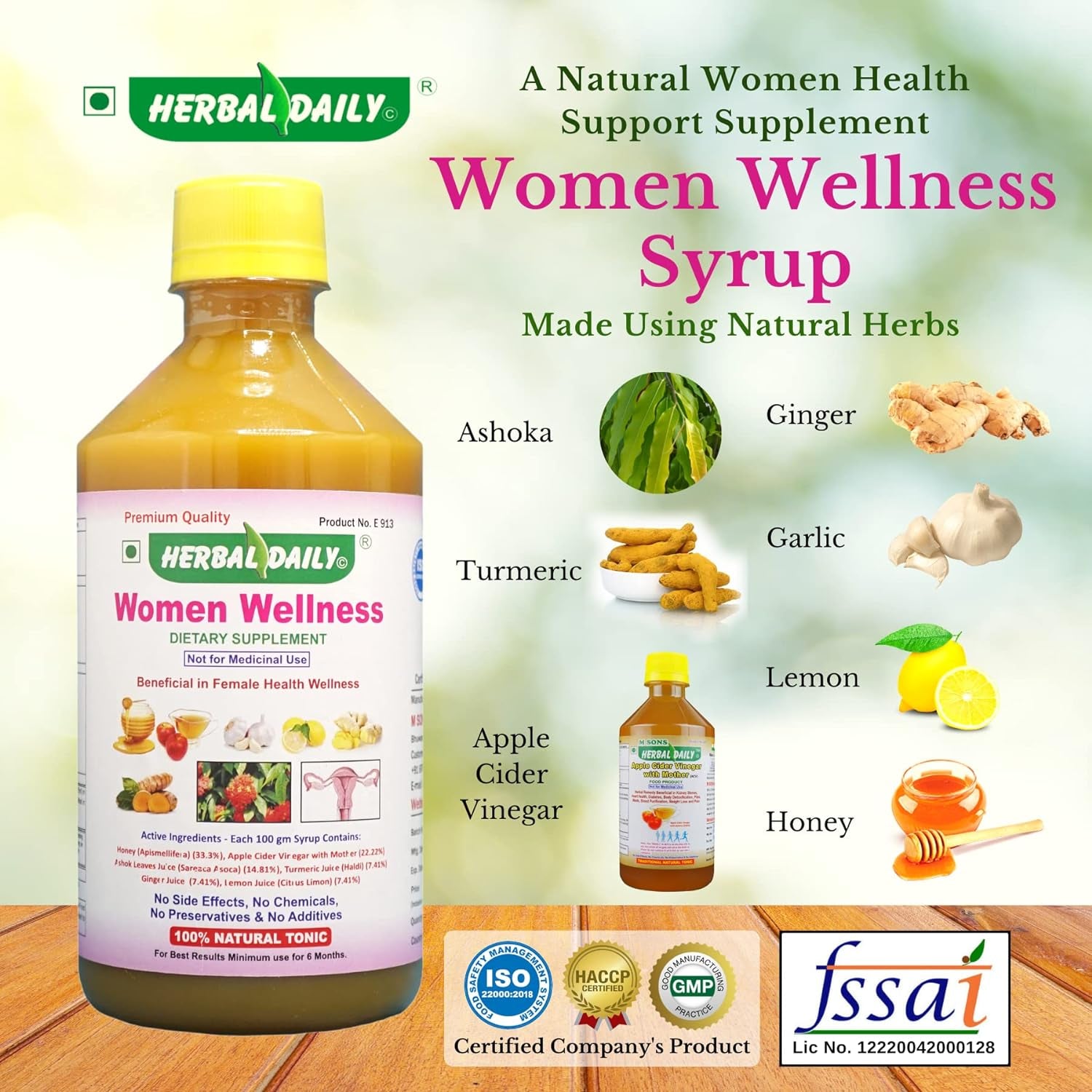 Women'S Wellness Syrup - 400Ml- Natural Dietary Supplement for Overall Women Health, and Body Detox (1 Bottle) - Sareaca Asoca, Turmeric, Apple Cider Vinegar, Garlic, Ginger, Honey, Lemon