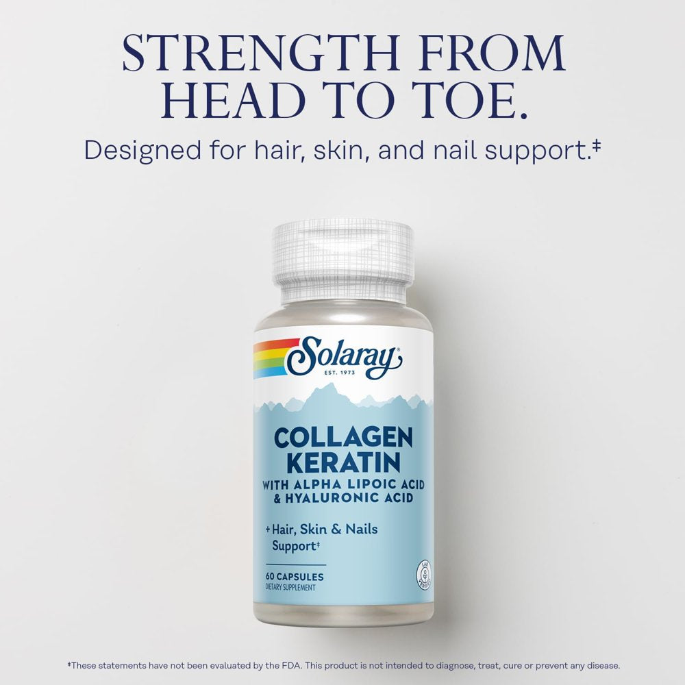 SOLARAY Collagen Keratin with Alpha Lipoic Acid and Hyaluronic Acid - Type I, II and III Collagen Pills - Hair, Skin, Nails, and Joint Health Support - 30 Servings, 60 Capsules