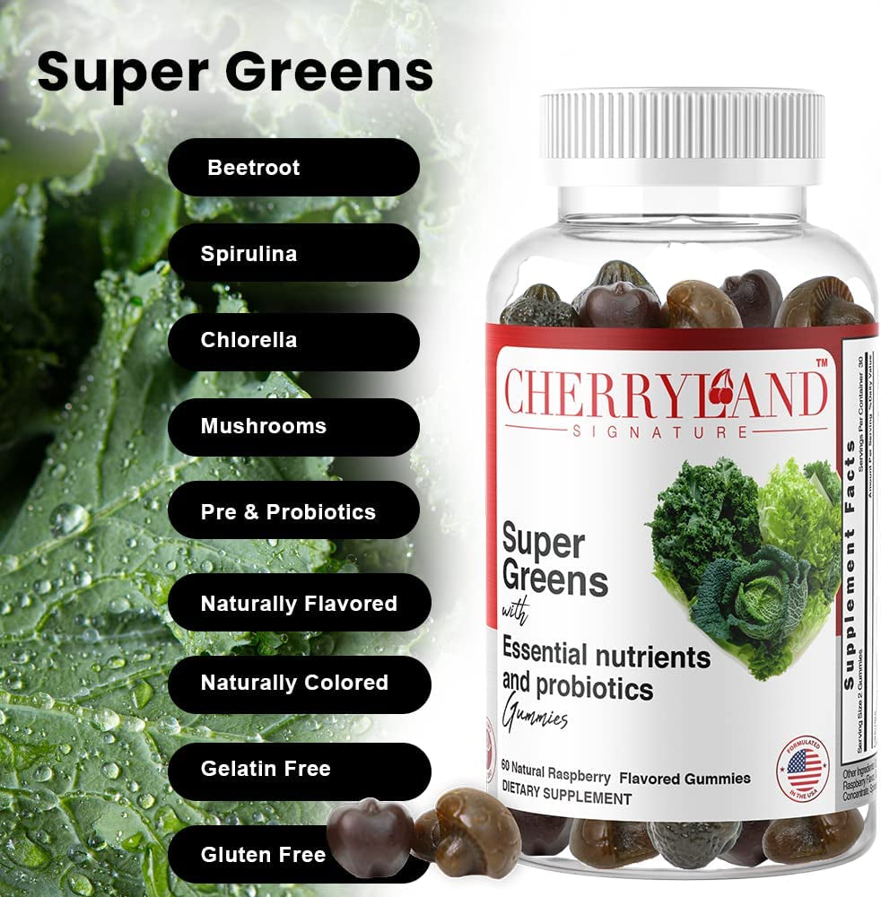 Super Greens Gummies | with Antioxidants, Mushrooms, Prebiotics & Probiotics | Detox, Digestive Health Support | Vegan, Gluten and Gelatin-Free | 60 Count