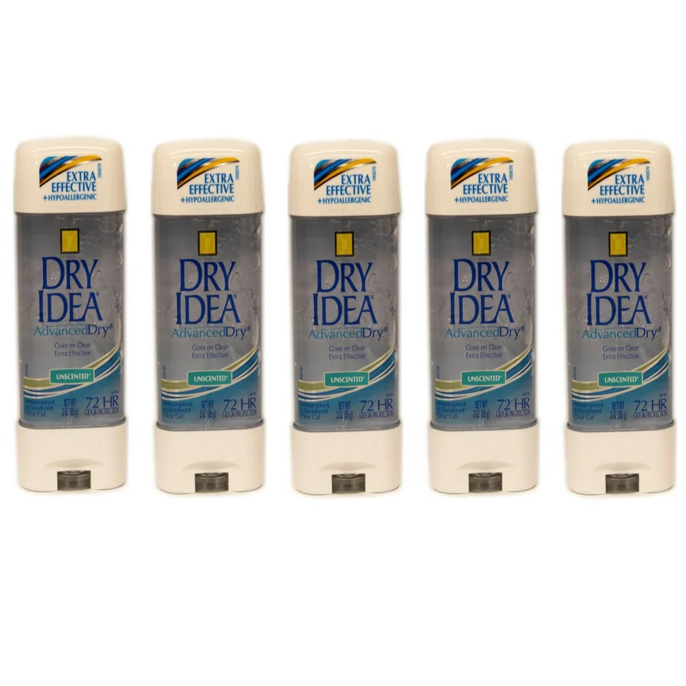 5 Pack Dry Idea Advanced Dry Unscented Antiperspirant & Deodorant Gel 3 Oz Each