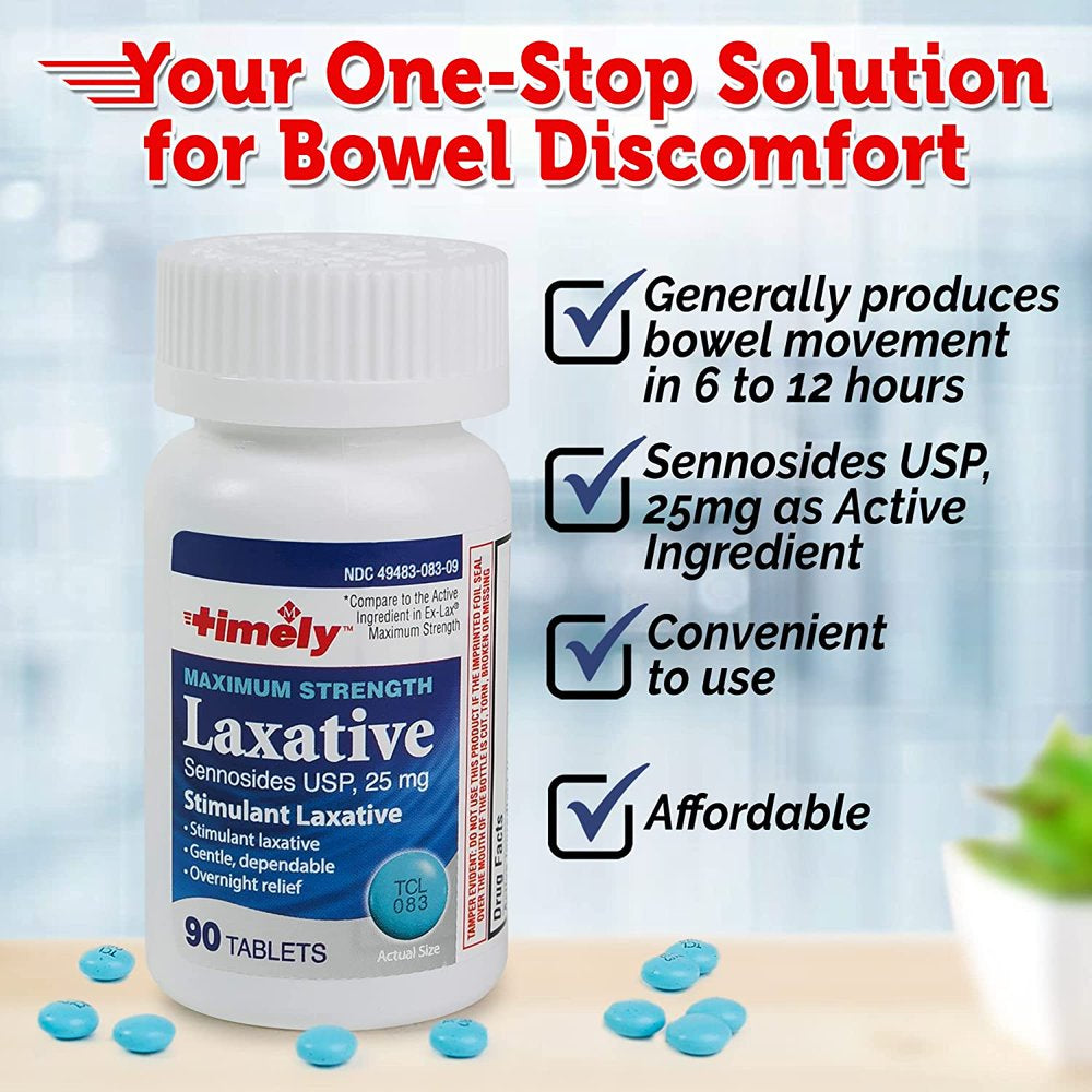 Timely - Max Lax Laxatives - 90 Maximum Strength Tablets - 25 Mg Sennosides - Compared to Ex-Lax