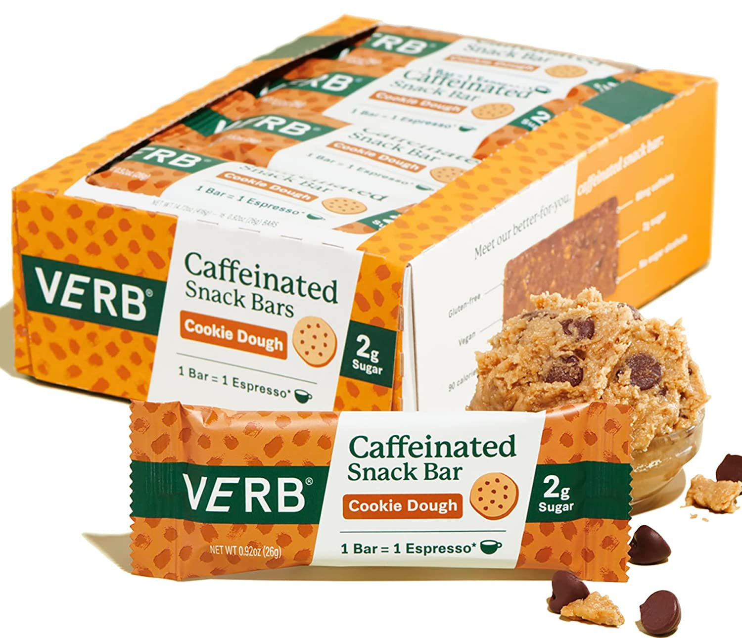 Verb Energy - Cookie Dough Caffeinated Snack Bars - 90-Calorie 2G Sugar Energy Bar - Keto Friendly Nutrition Bars - Vegan Snacks - Gluten Free with Organic Green Tea, 26G (Pack of 16)