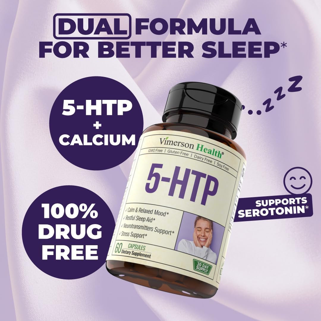 5HTP Serotonin Supplements for Women & Men. Sleep Aid & Occasional Stress Support - 5 HTP plus Supplement 200 Mg with Calcium for Sleep, Calm Mood, & Neurotransmitter Support. 60 Capsules Made in USA