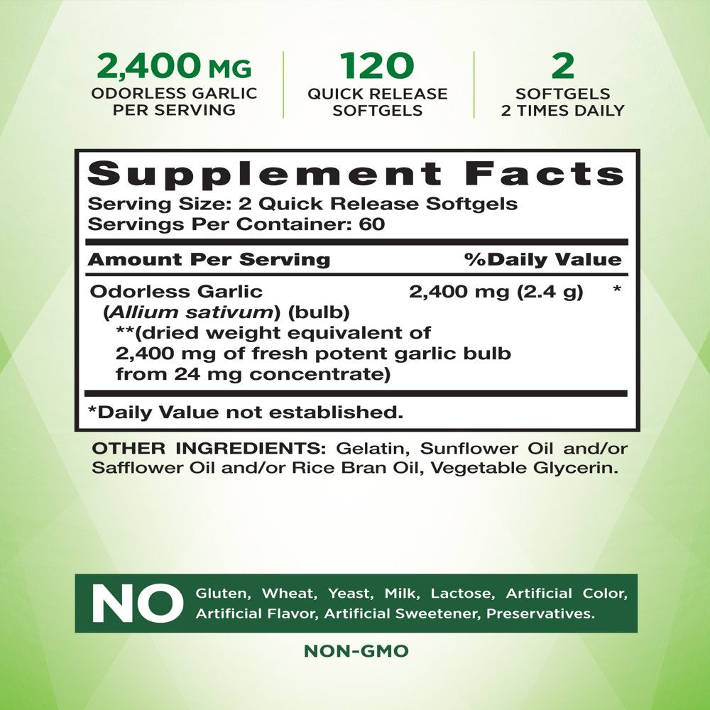 Odorless Garlic 2400 Mg | 120 Softgel Capsules | High Strength Extract Pills | Non-Gmo, Gluten Free Supplement | by Nature'S Truth