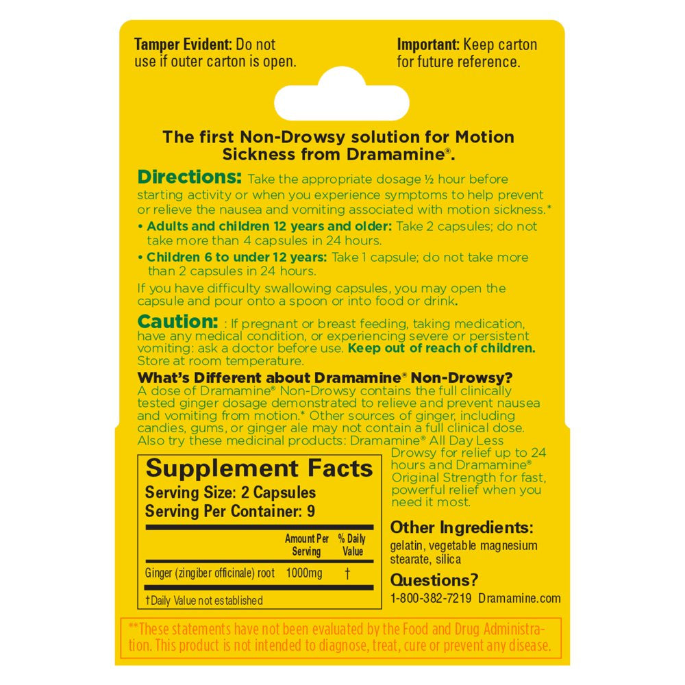 Dramamine Non-Drowsy, Motion Sickness Relief, Made with Natural Ginger, 18 Count, 2 Pack