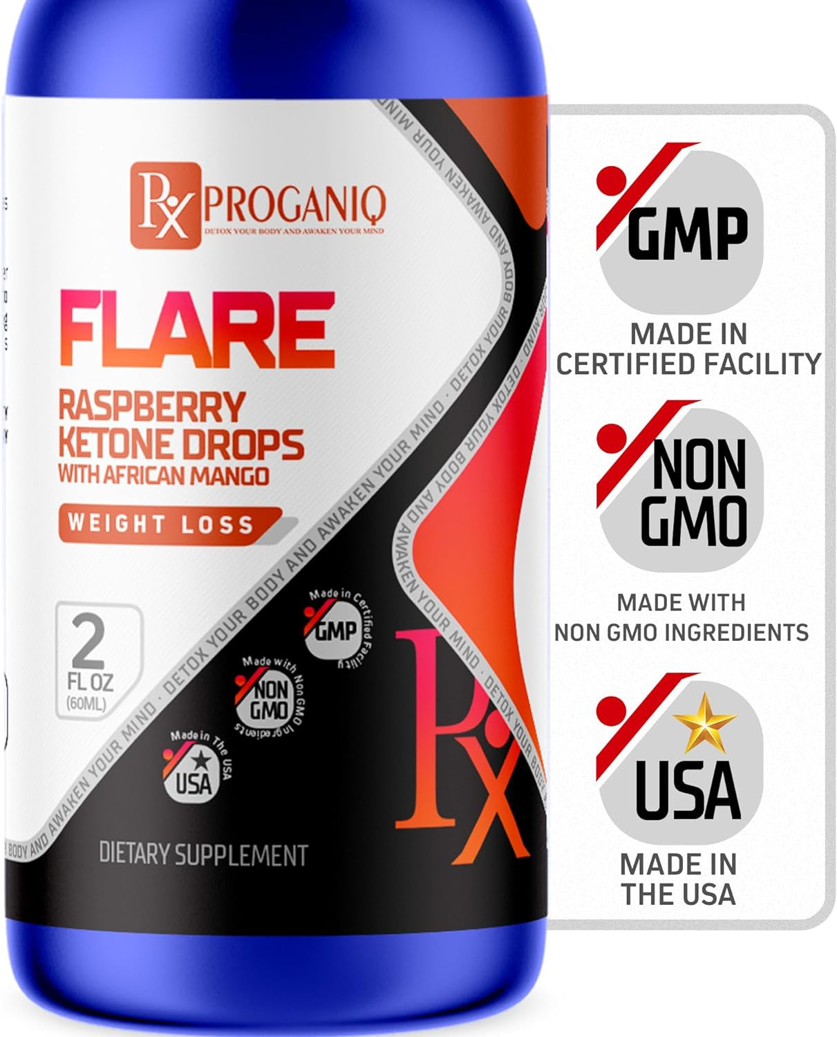 X PROGANIQ Flare Raspberry Ketone Drops with African Mango - Extra Strength for Optimal Weight Management - Fast Absorbing Appetite Control Formula with L-Carnitine, L-Arginine, EGCG for Men and Women