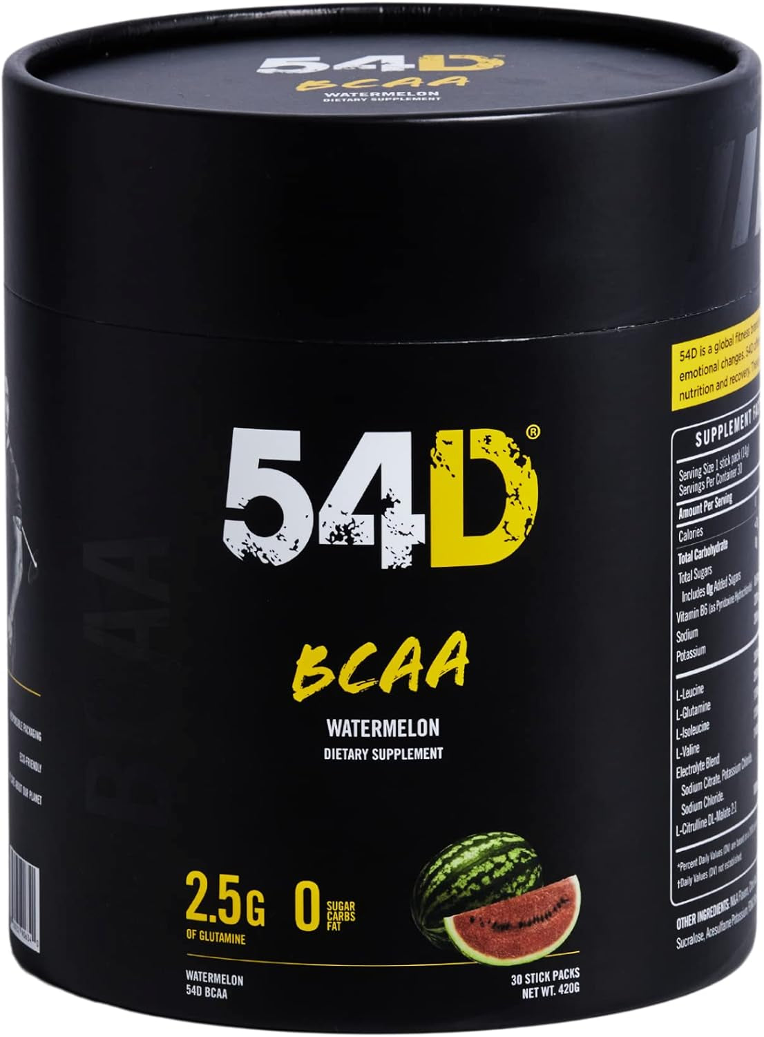 54D BCAA Powder Sports Drink for Hydration & Recovery, Optimizes Post-Workout Recovery, No Calories, Vegan, Gluten and Sugar Free, Glutamine 2.5 G, Watermelon, 30 Single Service Stick, 14.8 Oz