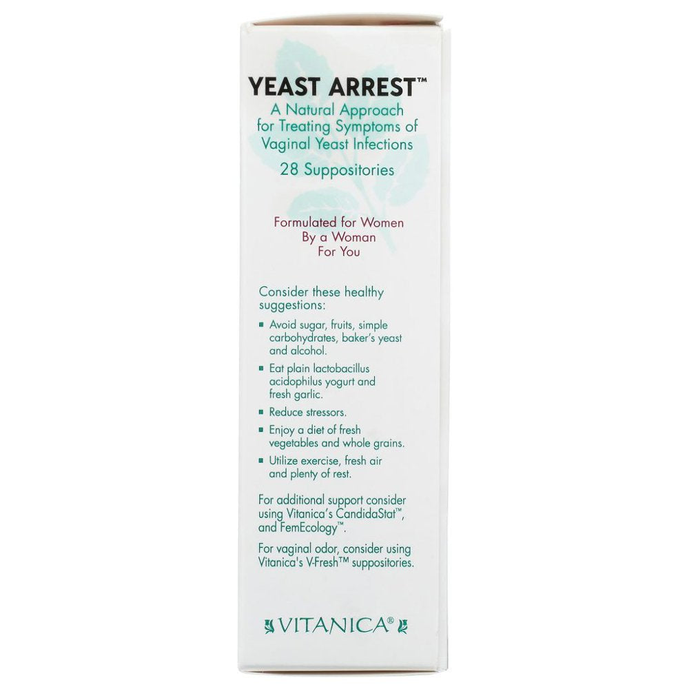 Vitanica Yeast Arrest, Homeopathic Vaginal Suppositories, for Yeast Infection Symptoms, Relieves Burning, Itching & Discharge, with Boric Acid, Tea Tree Oil & Probiotics, Vegan (Yeast Arrest, 28)