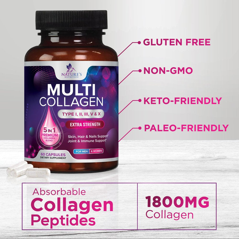 Multi Collagen Complex Pills - Type I, II, III, V, X, Grass Fed & Non-Gmo Hydrolyzed Collagen Peptides Supplement - Supports Hair, Nails, Skin & Joint Health, Gluten-Free, Paleo & Keto - 60 Capsules