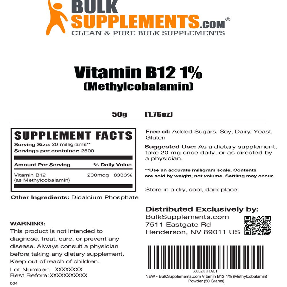 Bulksupplements.Com Vitamin B12 1% Methylcobalamin Powder - Vegan Vitamin B12 - Energy Vitamins - B12 Vitamins - Vegan B12 - B12 Supplement (50 Grams - 1.8 Oz)