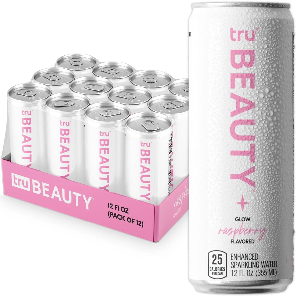 Tru Beauty Seltzer, Raspberry Flavored Sparkling Water Made with Real Fruit Juice - Collagen Drink plus Biotin and Vitamin C - Caffeine Free, Kosher, GF, No Added Sugar Beverages, 12Oz (Pack of 12)
