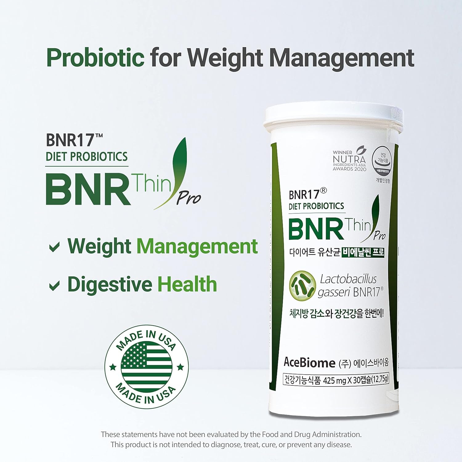 Acebiome Bnrthin Pro Probiotic, Lactobacillus Gasseri BNR17, 10 Billion CFU Guaranteed, Digestive Health, 30 Capsules X 2 Packs