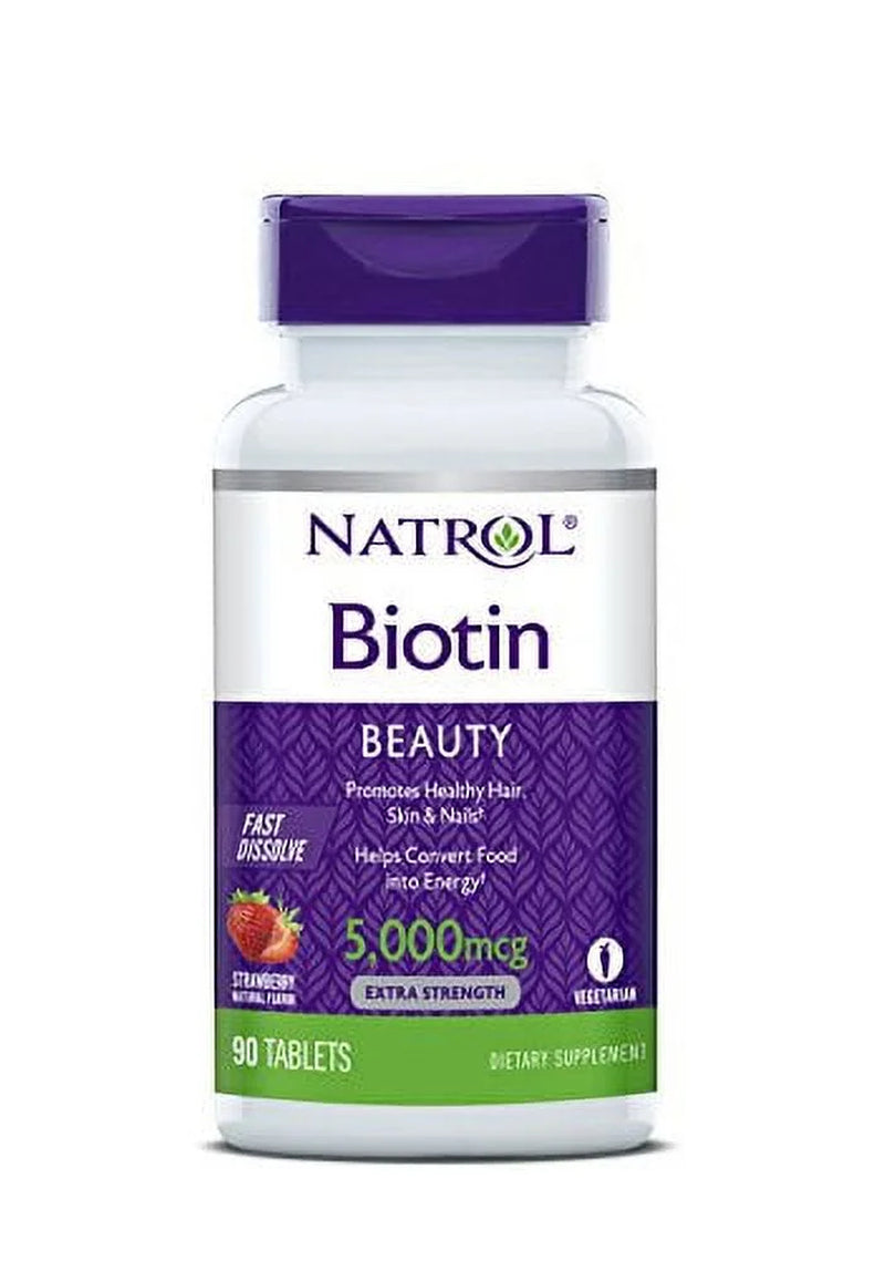 Natrol Biotin Beauty 5000Mcg Fast Dissolve, Strawberry Flavor, 90 Ea, 3 Pack