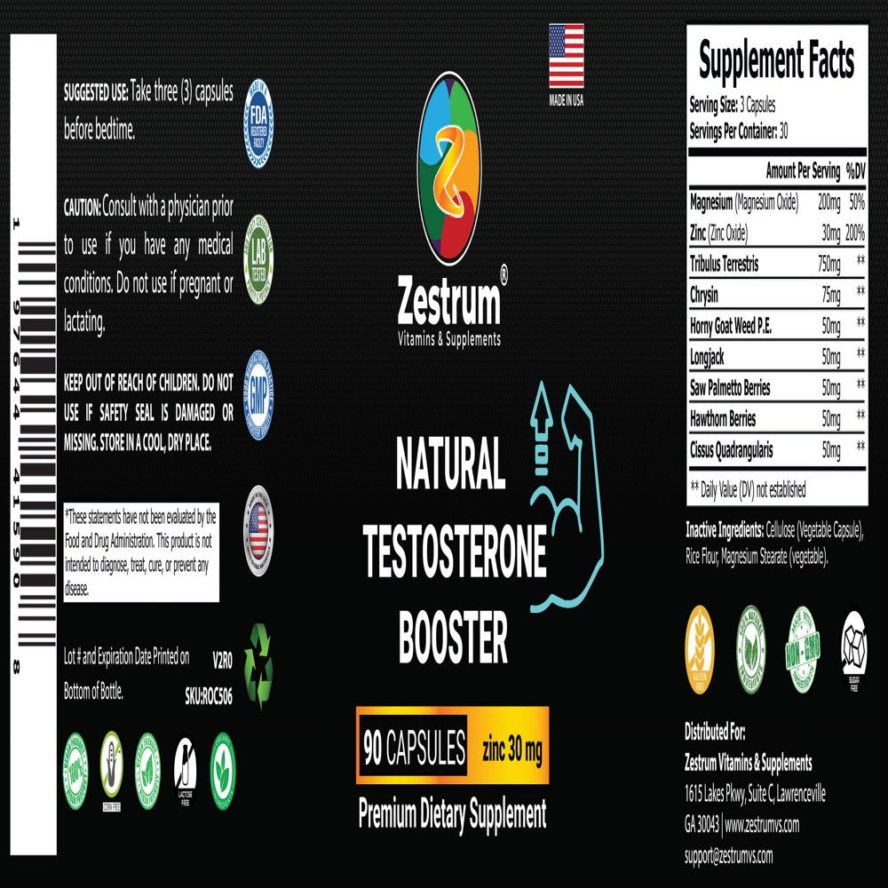 ZESTRUM Natural Testosterone Booster for Men, Zinc 30Mg Muscle Growth Testosterone Supplements, 90Ct