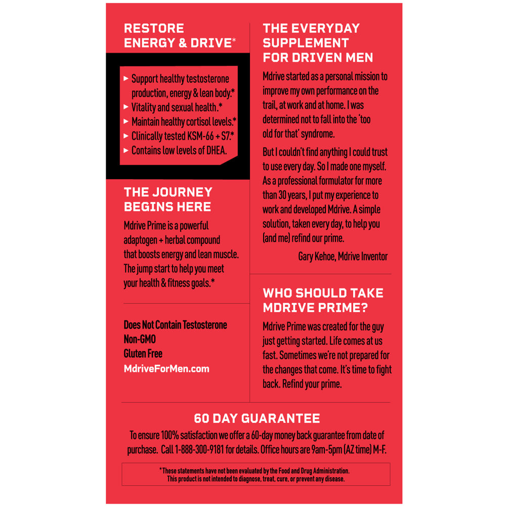Mdrive Prime - Testosterone Support for Men, Max Energy, Stress Relief and Lean Muscle, KSM-66 Ashwagandha, S7 Nitric Oxide Booster, Bioperine and DHEA, 60 Capsules.