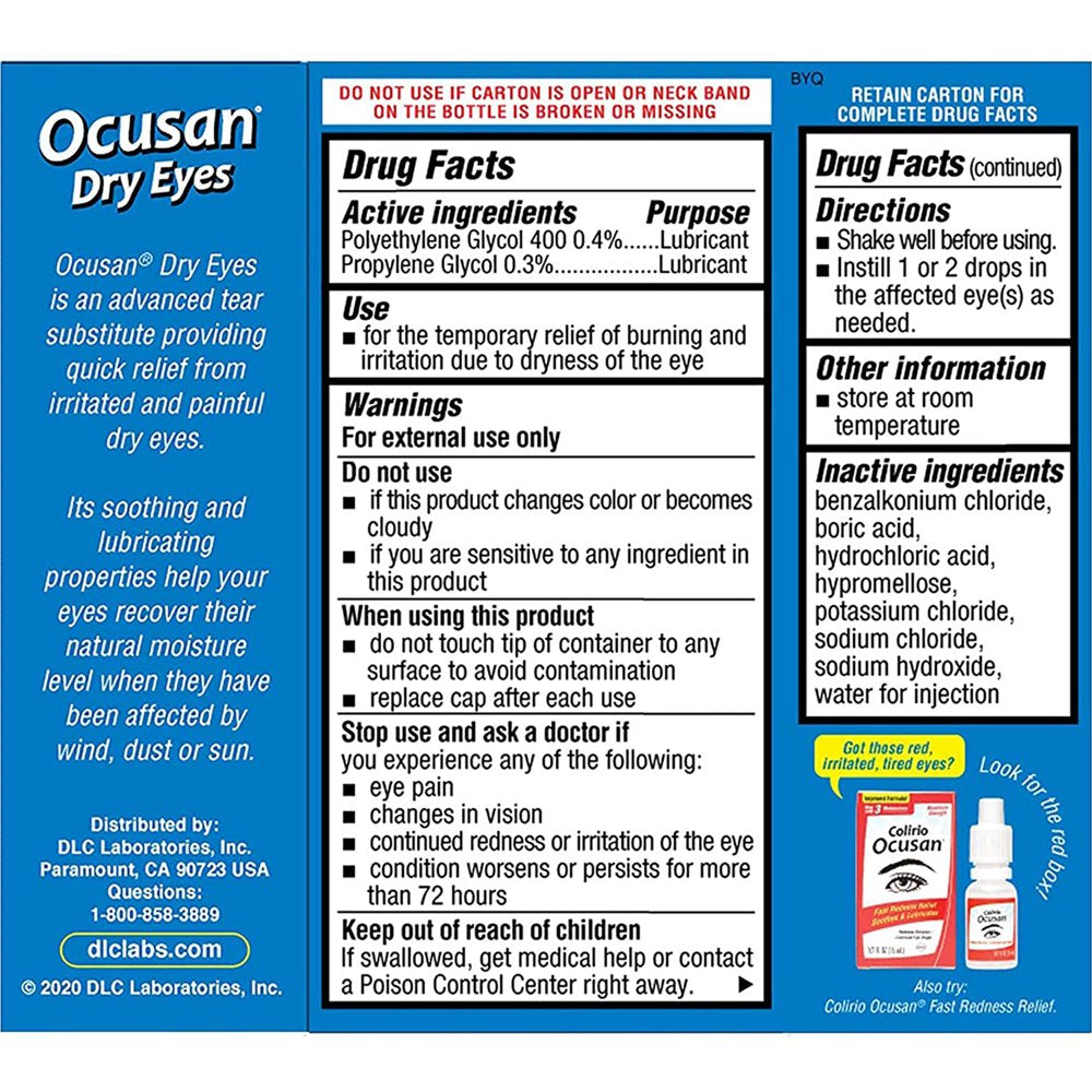 Ocusan Lubricating Eye Drops for Dry Eyes Soothing Lubricant Drops with 2 Moisturizers 0.5 Fl Oz