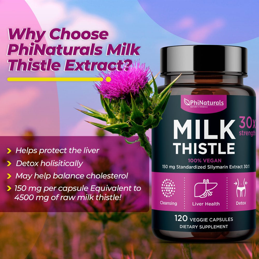Milk Thistle Silymarin 30X Extract Supplement (Standardized 30:1) by Phi Naturals | 150 Mg per Capsule - 120 Capsules | Supports Liver Cleanse, Detox and More