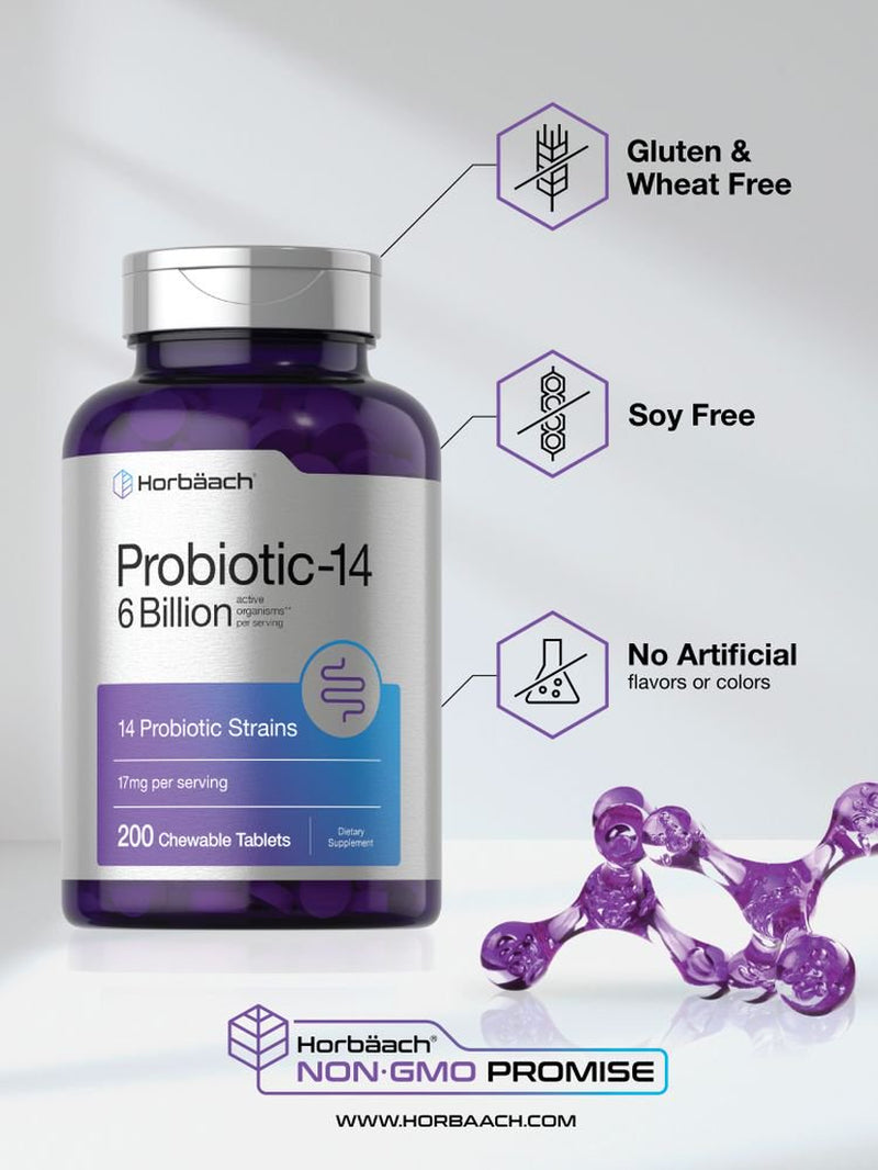 Probiotics 6 Billion Cfus | 200 Vegetarian Chewable Tablets | by Horbaach